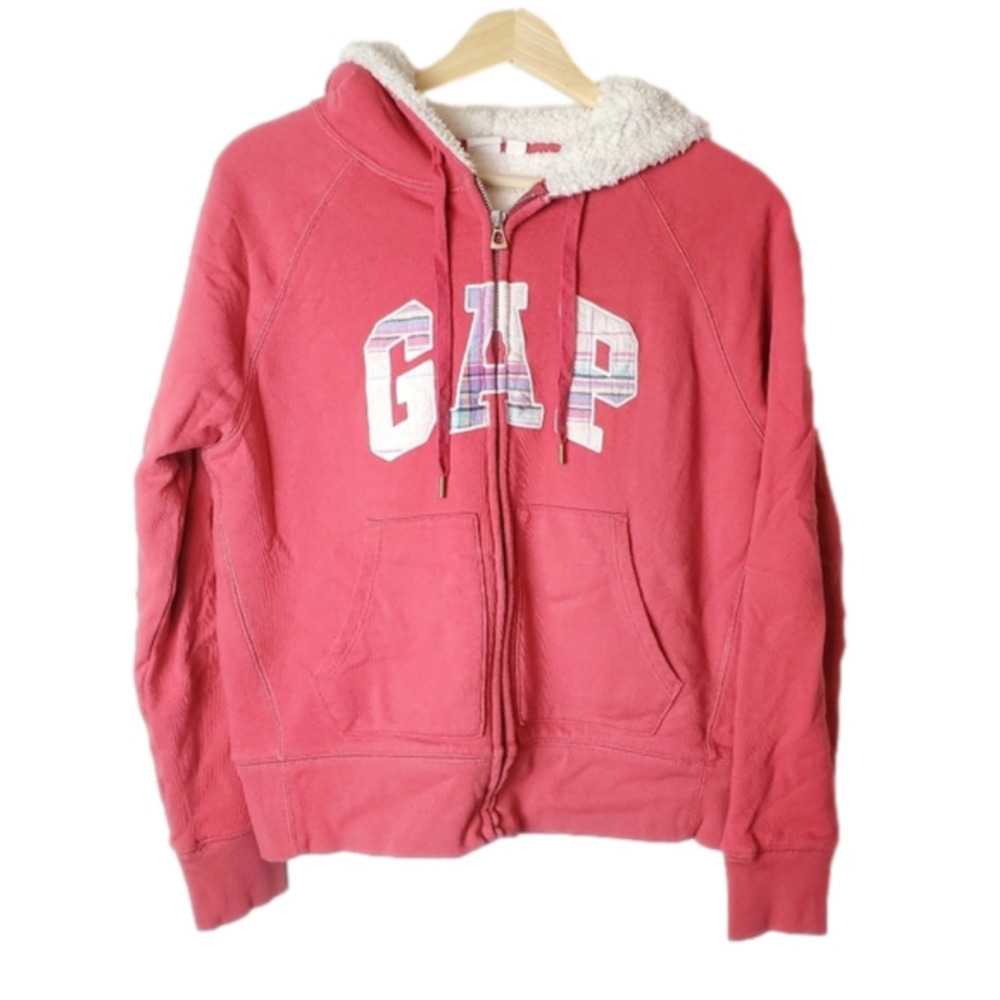Gap Small Full Zip Jacket Coral Pink Sherpa Lined Hooded Pastel‎ Plaid Spellout